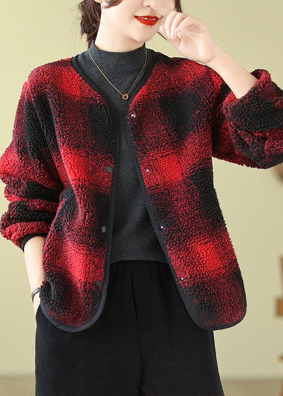 WW | Red O-Neck Pockets Plaid Faux Fur Jackets