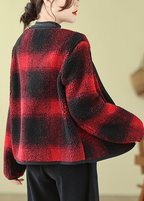 WW | Red O-Neck Pockets Plaid Faux Fur Jackets