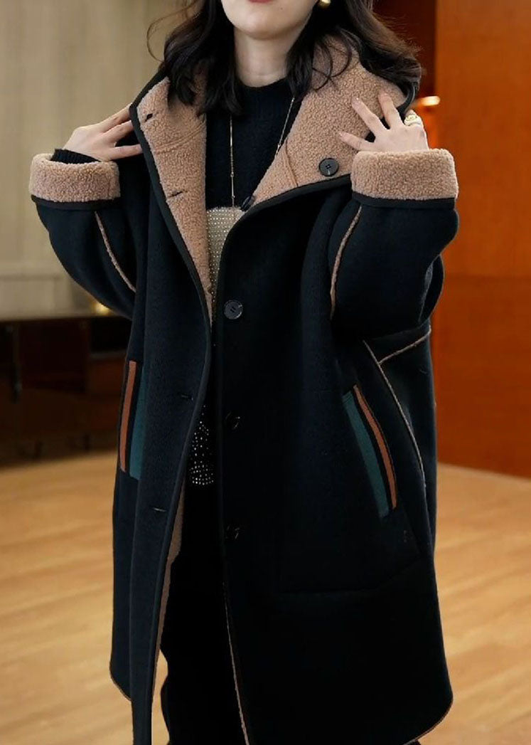 WW | Black Patchwork Button Thick Hoodie Wool Blend Coats Long Sleeve