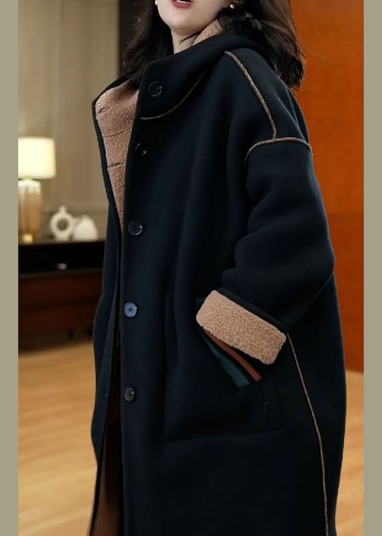 WW | Black Patchwork Button Thick Hoodie Wool Blend Coats Long Sleeve