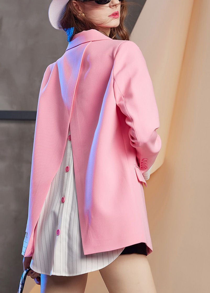 WW | Pink Notched Patchwork Button Fake Two Pieces Coats Long Sleeve