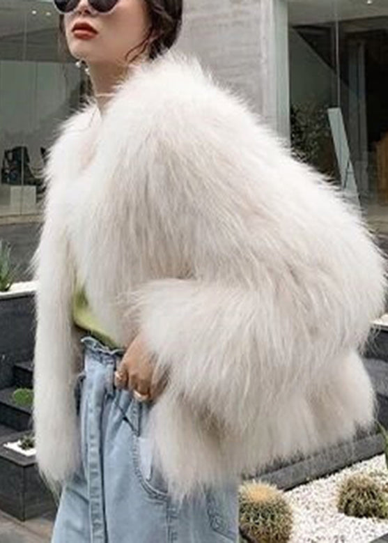 WW | White O-neck Leather and Fur Coat Long Sleeves