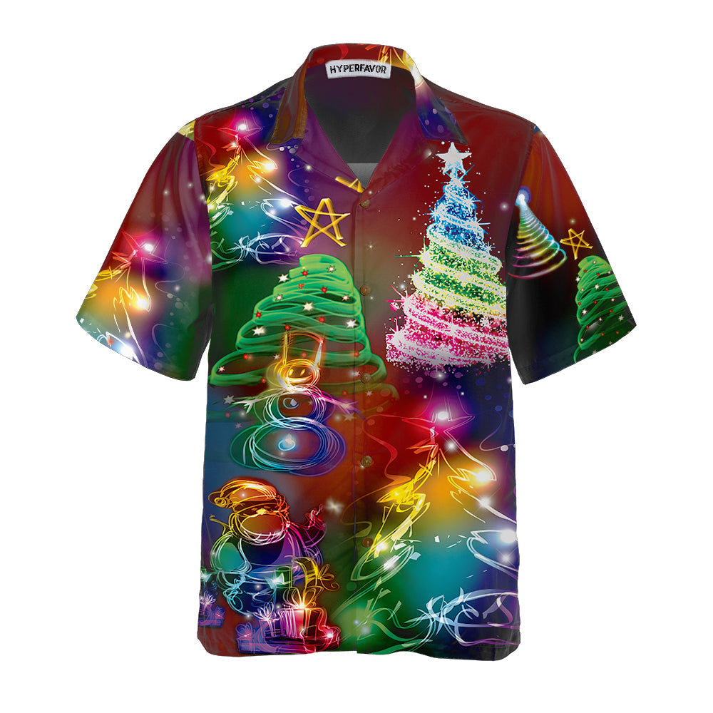 WW | Helle Nacht Fröhliche Weihnachten Hawaiian-Shirt, 3D Farbiger Weihnachtsbaum Shirt, Bestes Geschenk Für Weihnachten