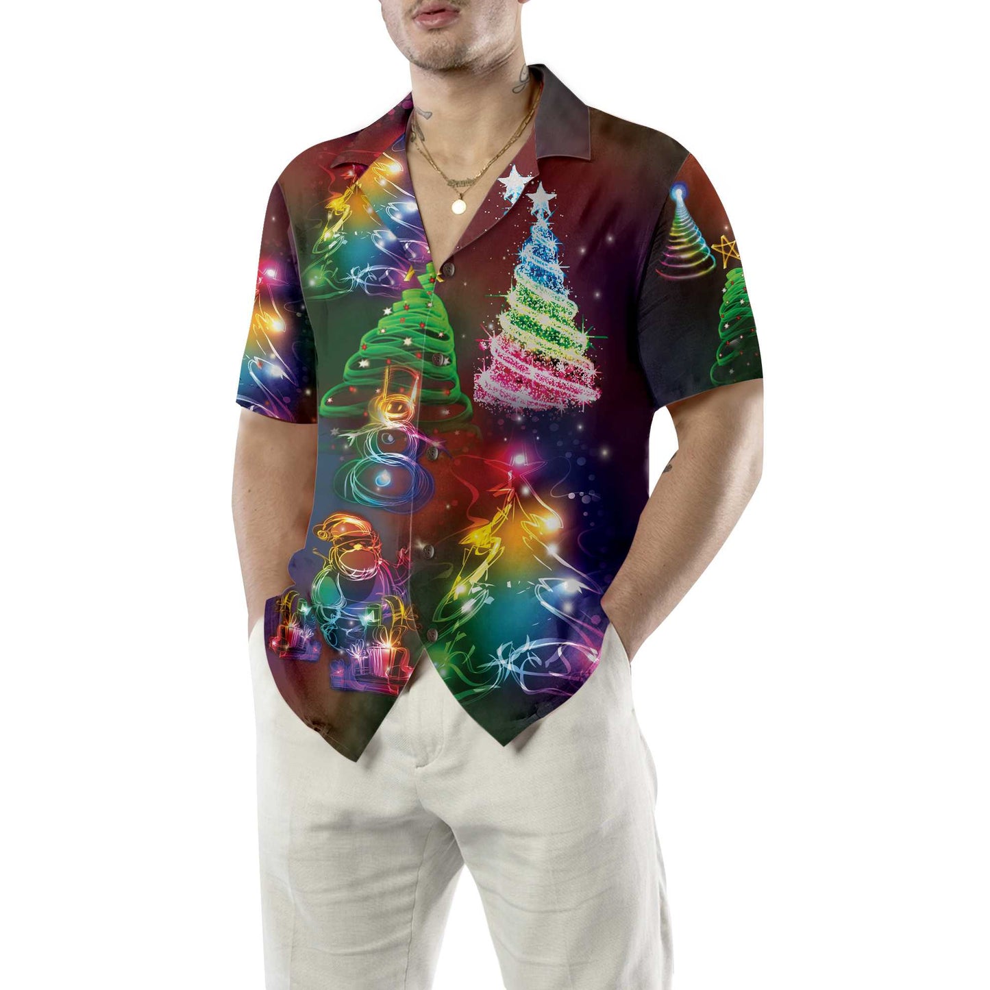 WW | Helle Nacht Fröhliche Weihnachten Hawaiian-Shirt, 3D Farbiger Weihnachtsbaum Shirt, Bestes Geschenk Für Weihnachten