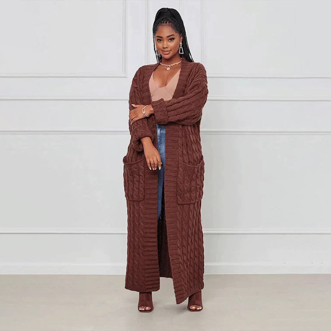 WW | Damen Strickcardigan mit Zopfmuster – Offener Oversize Mantel für Herbst & Winter