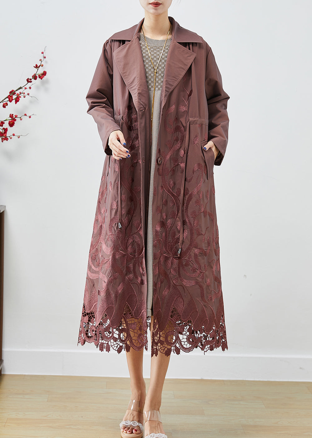 WW | Spandex Trench Coats Embroidered Waist Belt