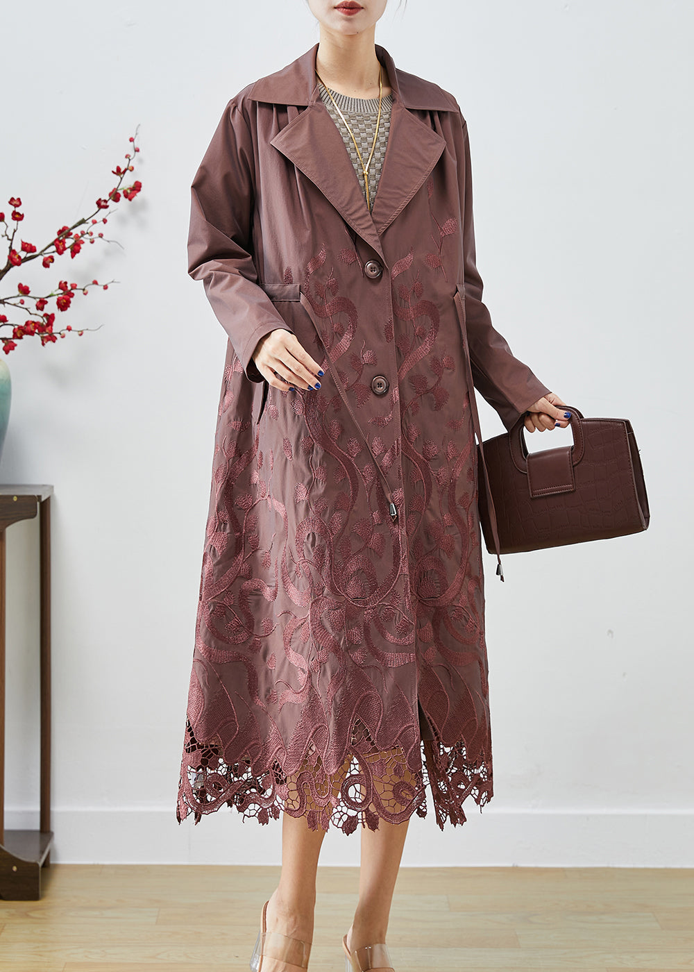 WW | Spandex Trench Coats Embroidered Waist Belt