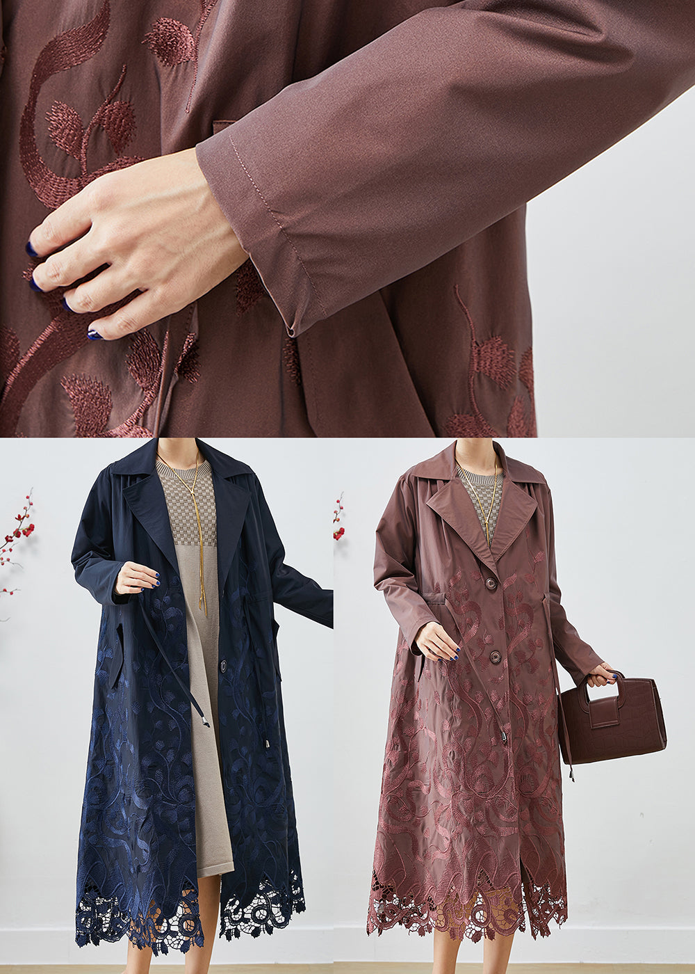 WW | Spandex Trench Coats Embroidered Waist Belt
