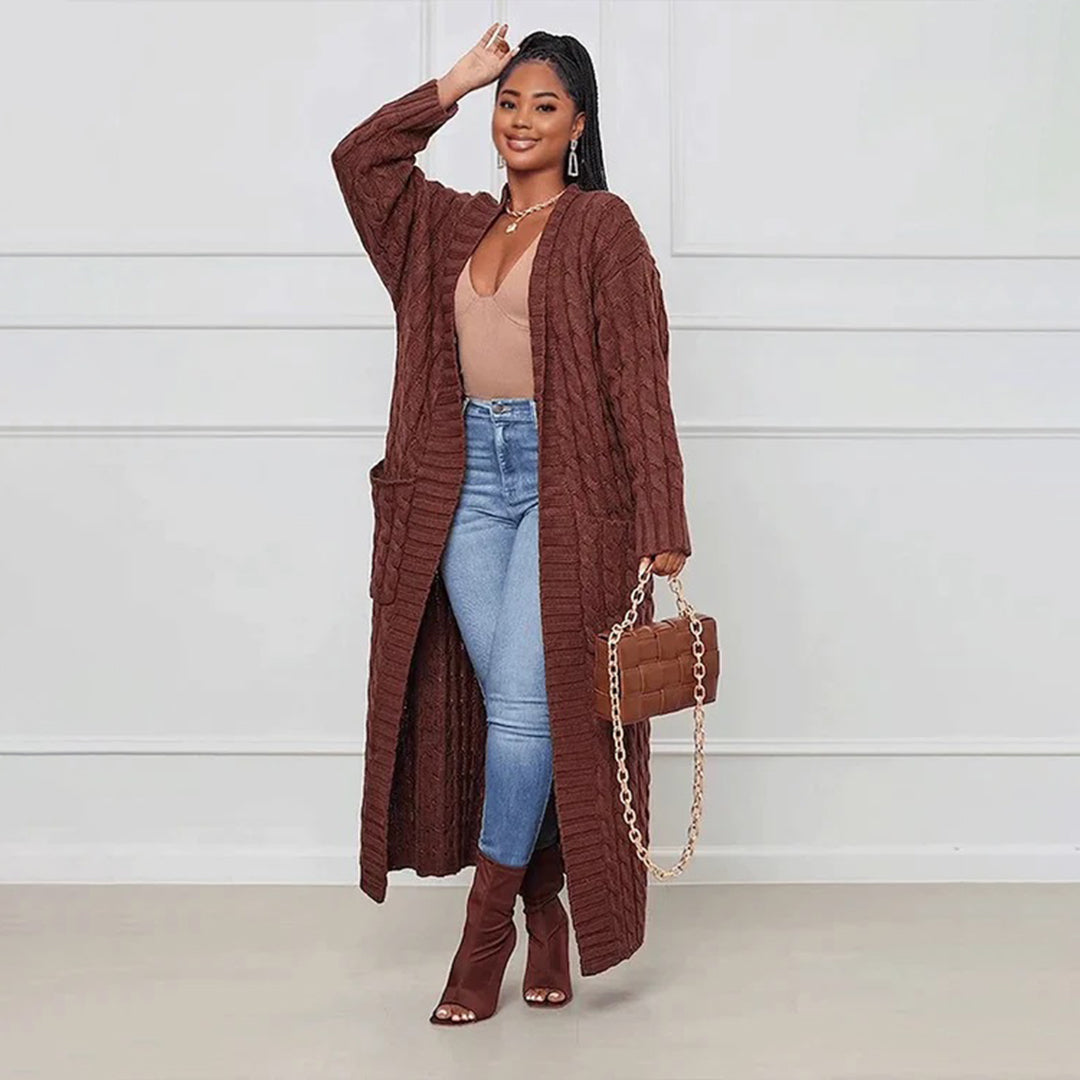 WW | Damen Strickcardigan mit Zopfmuster – Offener Oversize Mantel für Herbst & Winter