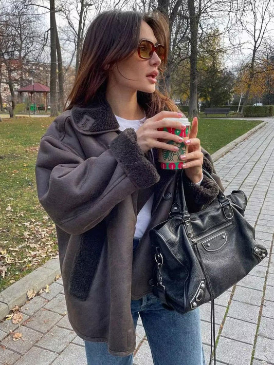 WW | Damen Braun Lederjacke mit Fleece-Futter und Langen Ärmeln