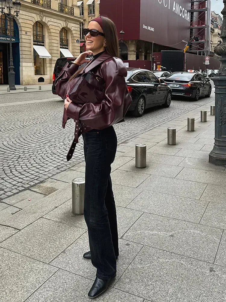 WW | Lederjacke Damen Kunstleder Bikerjacke mit Gürtel