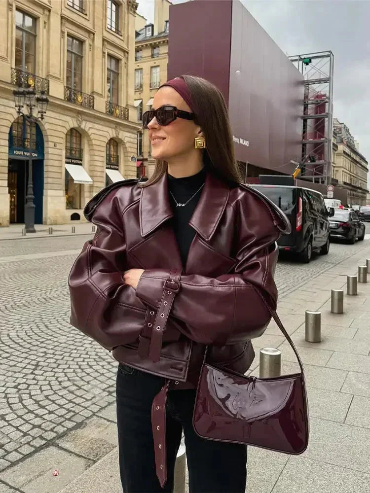 WW | Lederjacke Damen Kunstleder Bikerjacke mit Gürtel