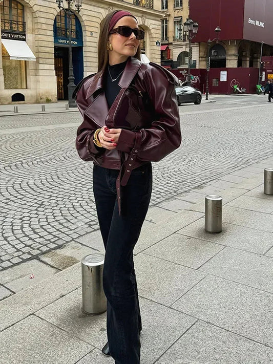 WW | Roter Lederjacke Damen Leder Bikerjacke mit Gürtel