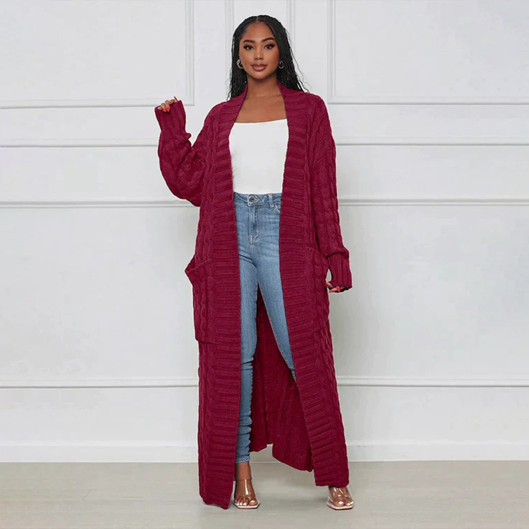 WW | Damen Strickcardigan mit Zopfmuster – Offener Oversize Mantel für Herbst & Winter