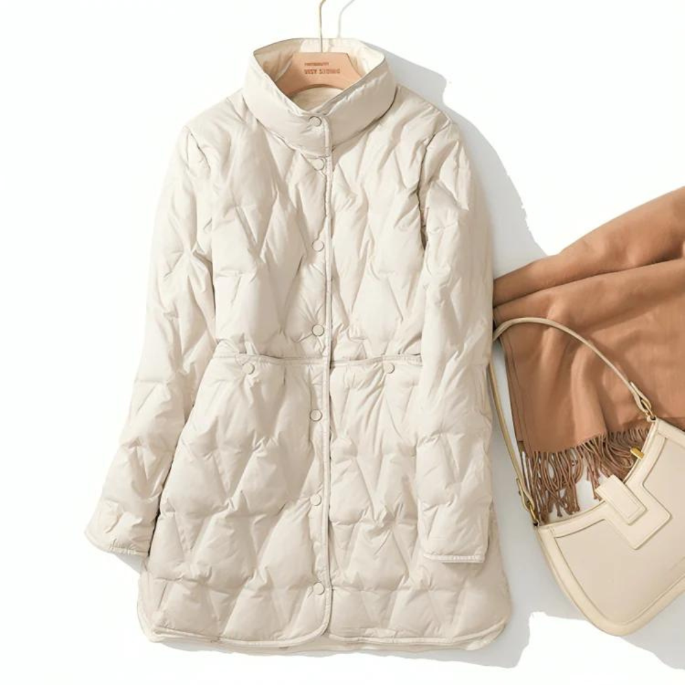 WW | Women's Quilted Jacket - Mid-Length - High Collar - Button Closure - Tailored Fit