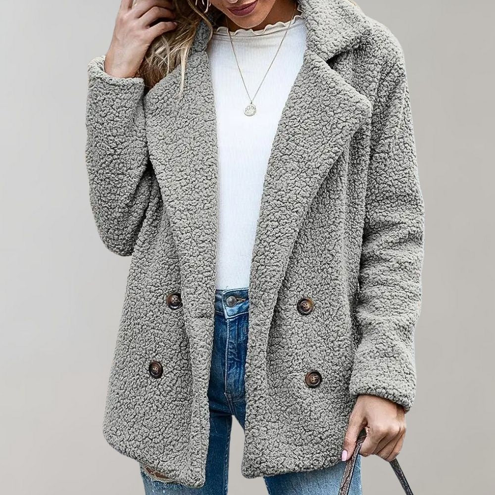 WW | Damen Sherpa-Jacke - Weiche fliessende Textur - Oversized Fit - Doppelt knöpfiger Reversmantel