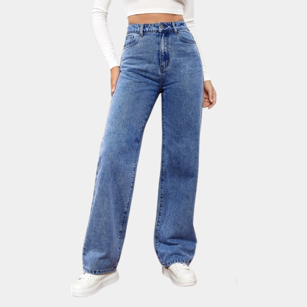 WW | Women's Waist Jeans - Straight Leg Mom Fit Denim Pants with Pockets & Elastic Waistband