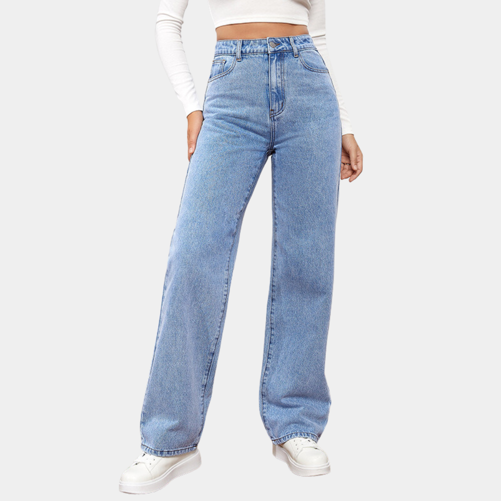 WW | Women's Waist Jeans - Straight Leg Mom Fit Denim Pants with Pockets & Elastic Waistband