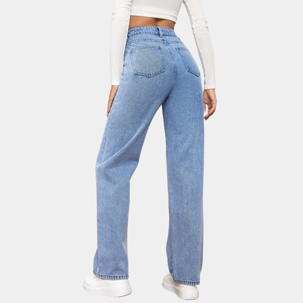 WW | Women's Waist Jeans - Straight Leg Mom Fit Denim Pants with Pockets & Elastic Waistband