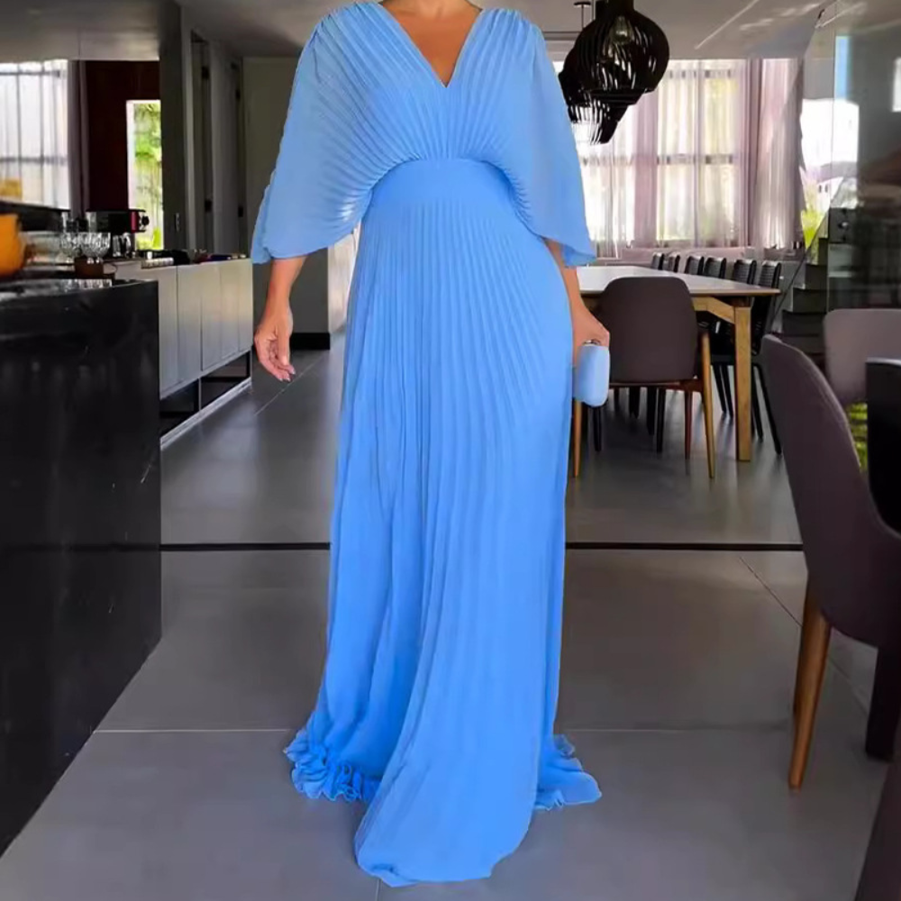 WW | Gefaltetes V-Ausschnitt Maxikleid mit Fließenden Ärmeln für Damen