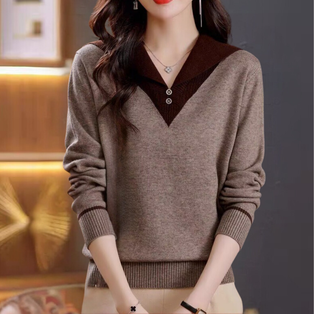 WW | Trendiger Damenpullover mit V-Ausschnitt und Patchwork Details