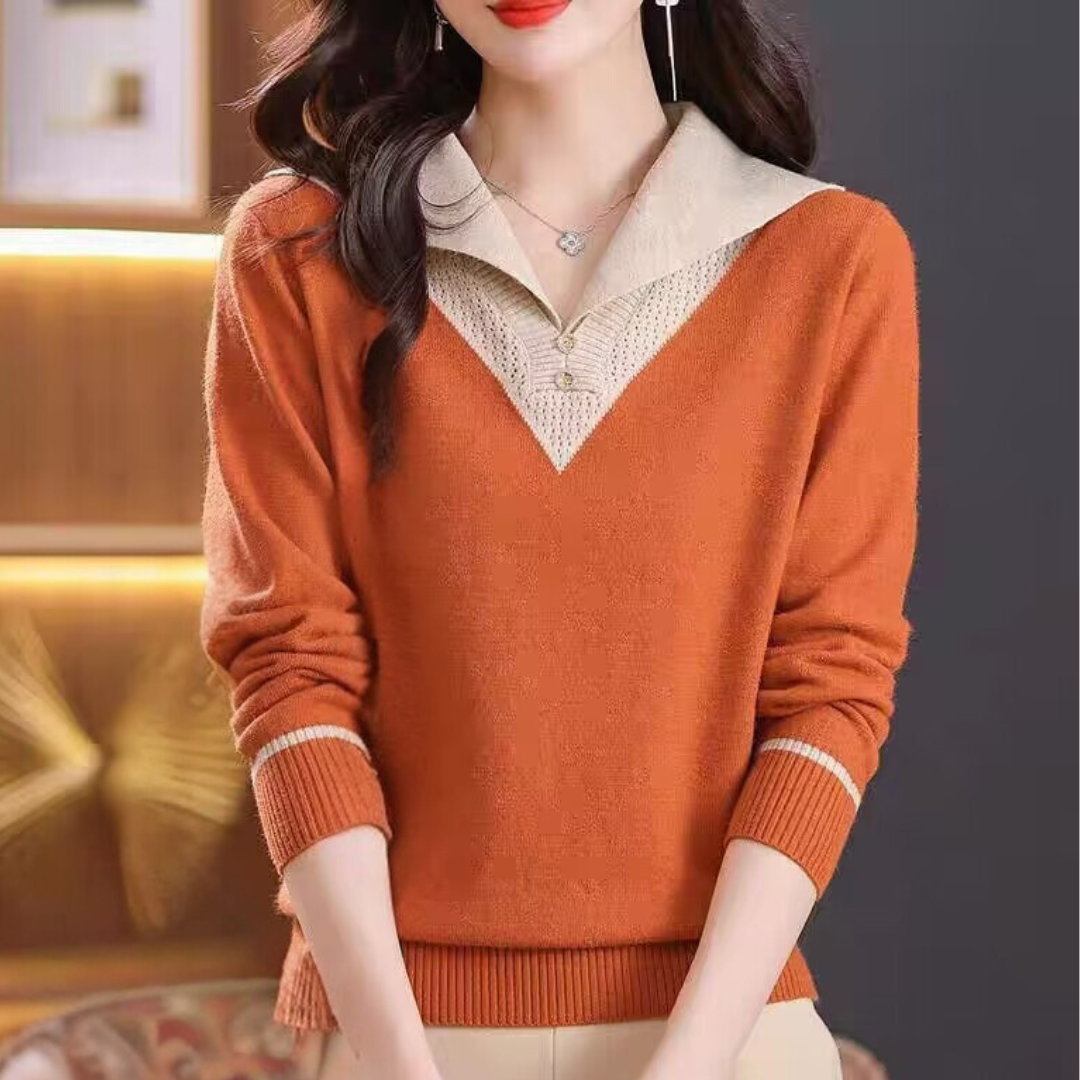 WW | Trendiger Damenpullover mit V-Ausschnitt und Patchwork Details