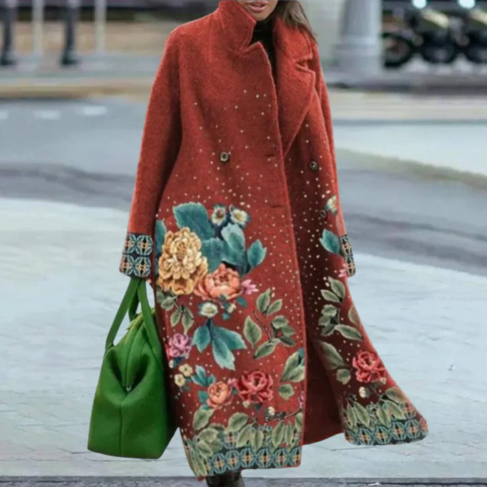 WW | Damenübermantel – Wollmischung – Oversized Fit – Vollständig – Abstraktes Muster – Knopfverschluss