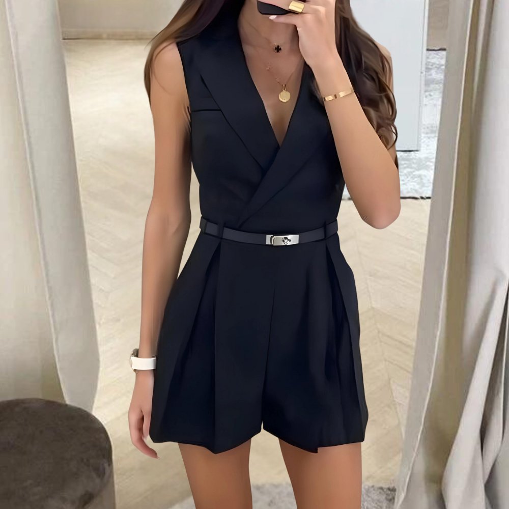 WW | Sleeveless Jumpsuit Wrap V-Neck Belted Waist Pleated Shorts Fitted Style