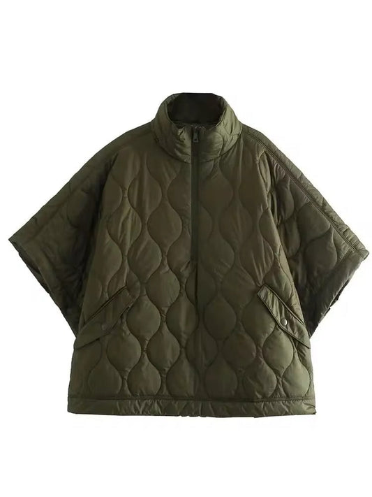 WW | Quilted Poncho With Zipper in Olive Green