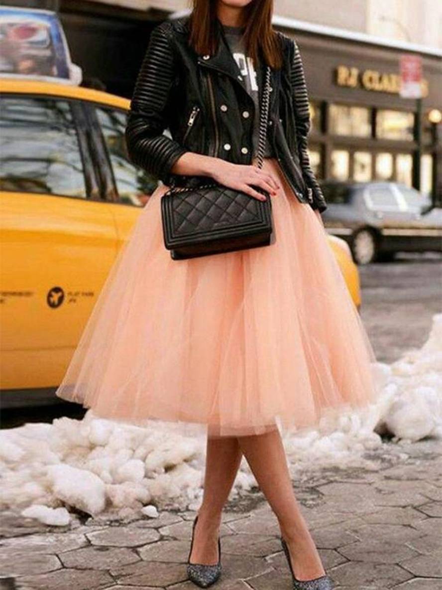 WW | Midi-Länge Faltenrock Elastischer Tutu aus Tüll Elegant Rosa