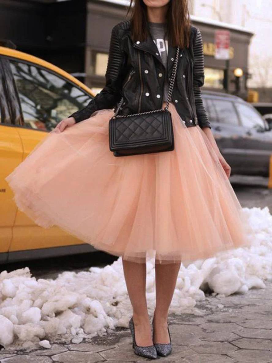 WW | Midi-Länge Faltenrock Elastischer Tutu aus Tüll Elegant Rosa