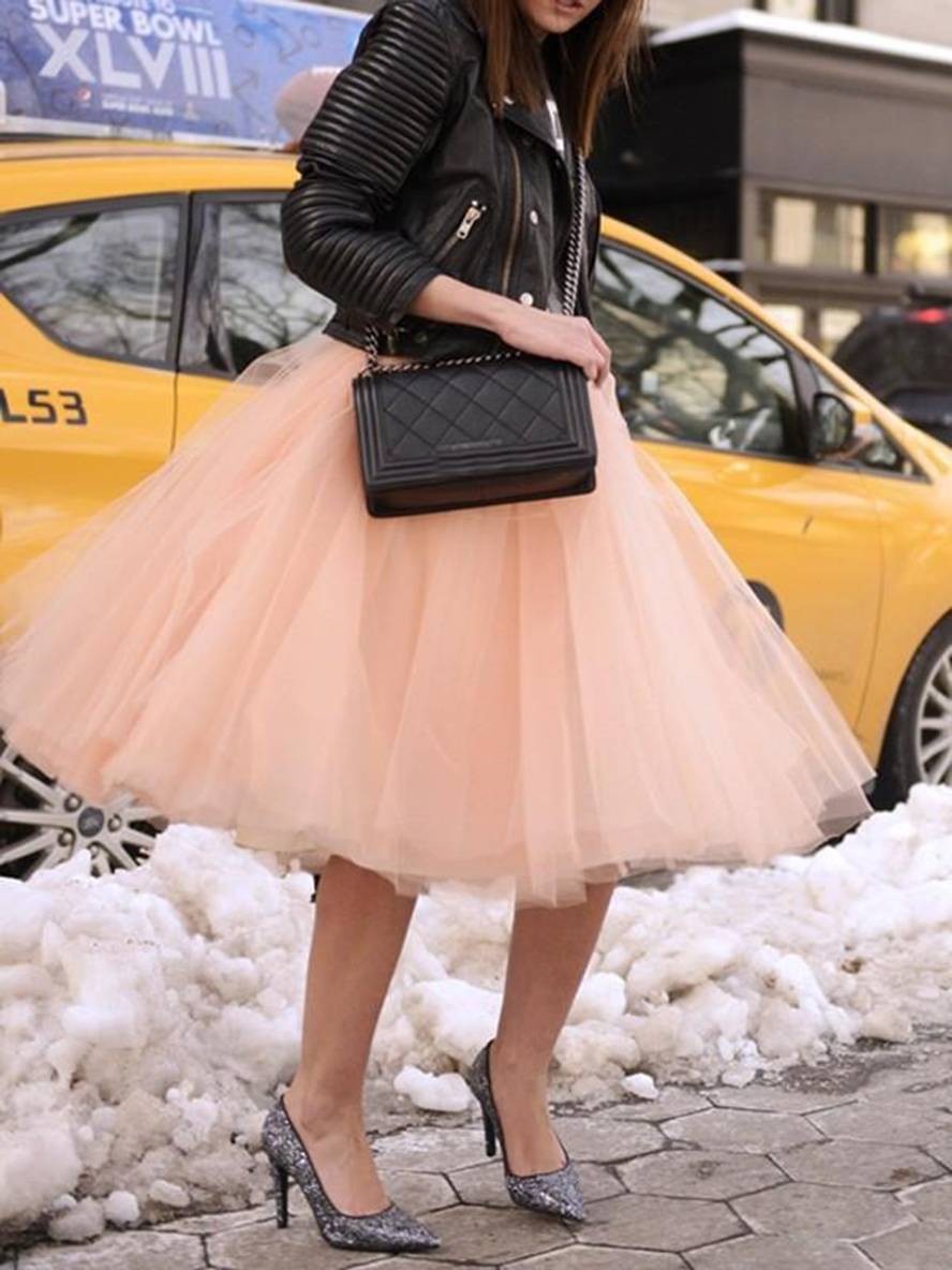 WW | Midi-Länge Faltenrock Elastischer Tutu aus Tüll Elegant Rosa