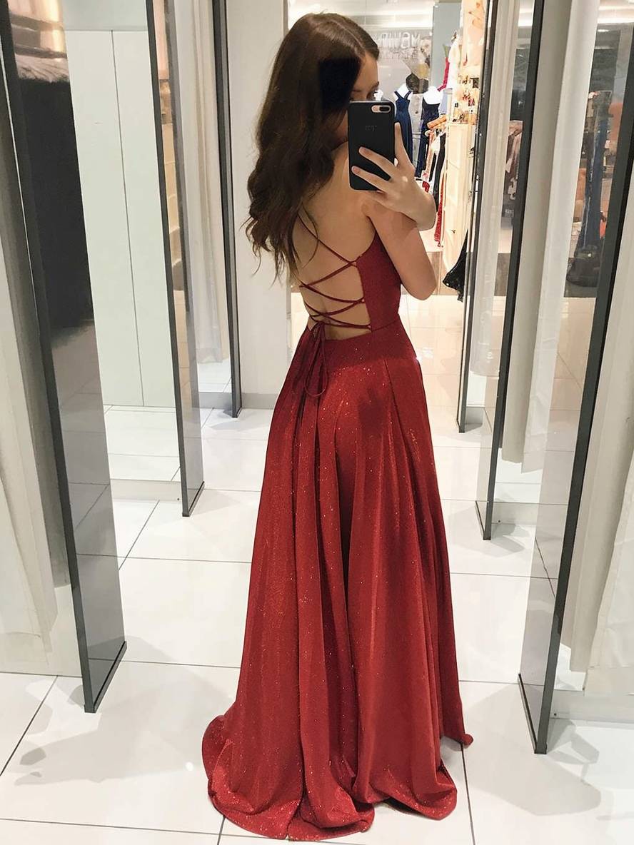 WW | Lange Robe Glänzend Pailletten Tiefer Ausschnitt Fließend Rückenfrei mit Dünnen Trägern Damen Abendkleid