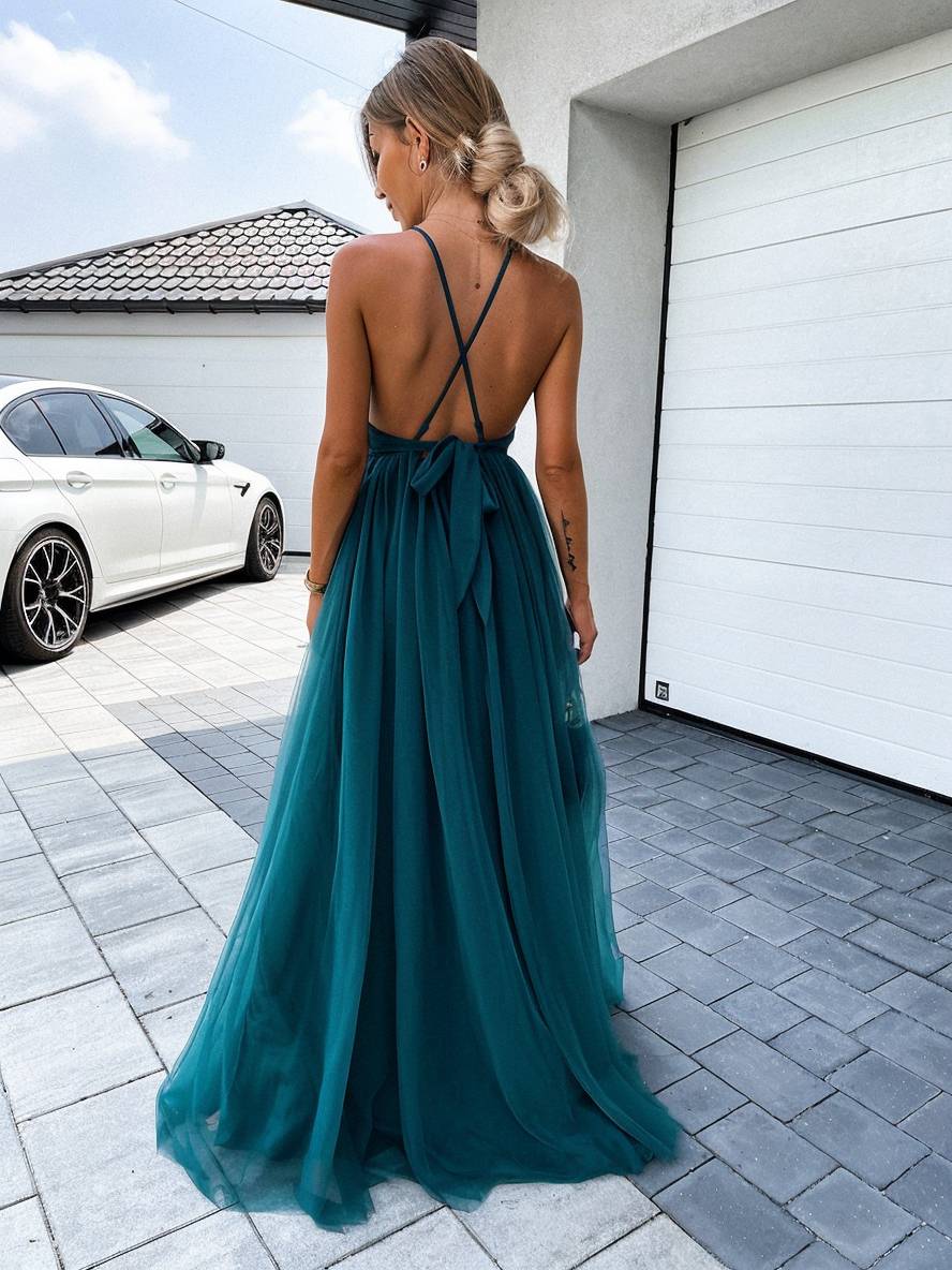 WW | Langes Kleid mit Spitze Tüll V-Ausschnitt Kreuz Rücken Flüssig Ohne Ärmel Damen Elegant Abend Strand