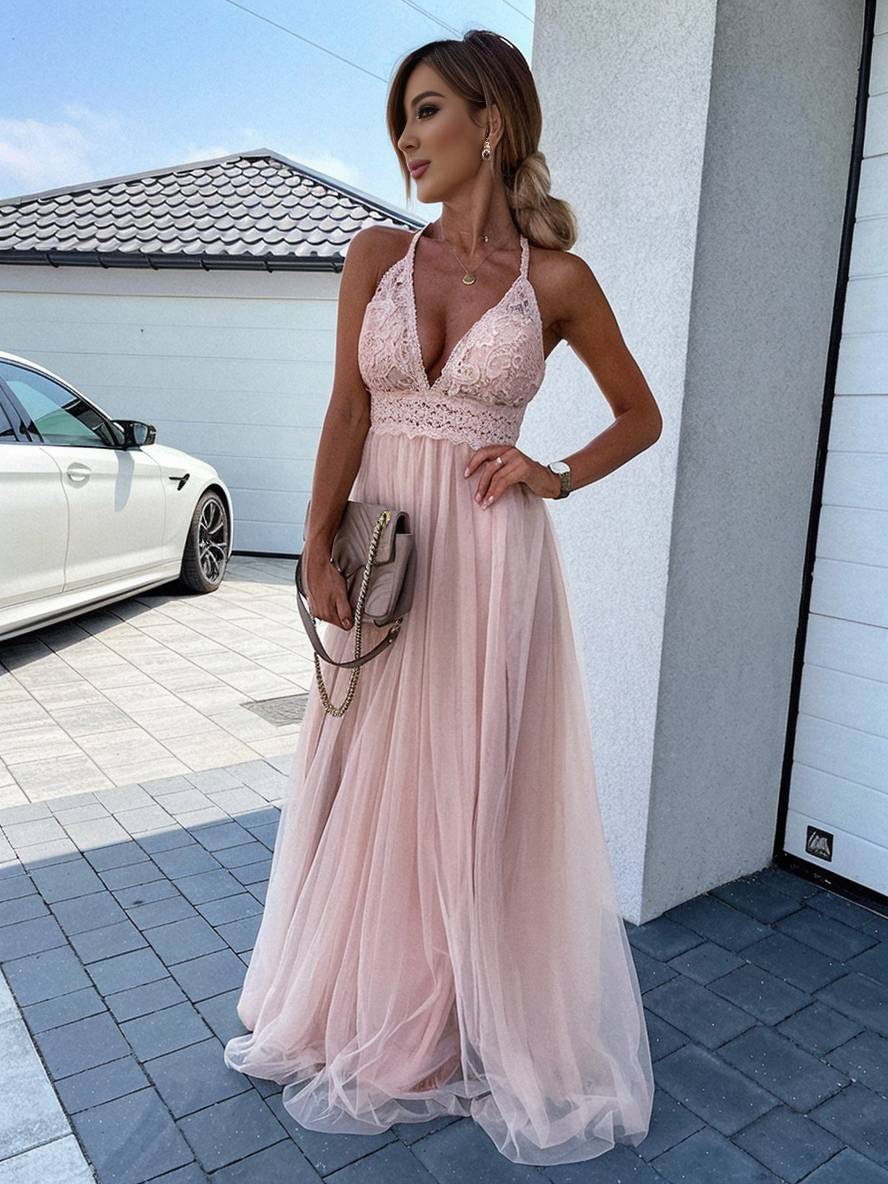 WW | Langes Kleid mit Spitze Tüll V-Ausschnitt Kreuz Rücken Flüssig Ohne Ärmel Damen Elegant Abend Strand