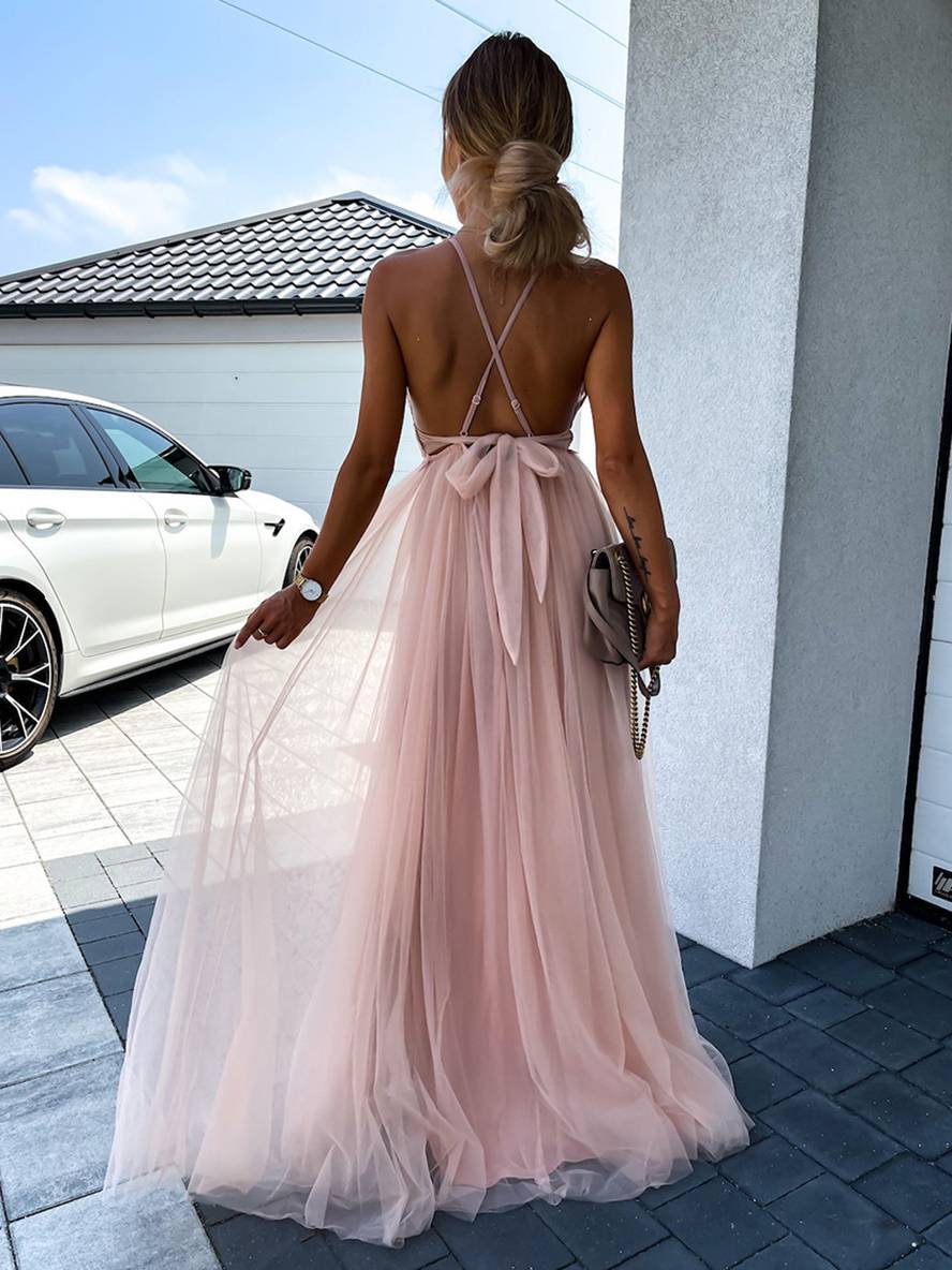 WW | Langes Kleid mit Spitze Tüll V-Ausschnitt Kreuz Rücken Flüssig Ohne Ärmel Damen Elegant Abend Strand