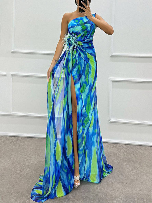 WW | Chiffon Floral Print Long Dress Side Slit One Shoulder Sleeveless Elegant Evening Dress for Women