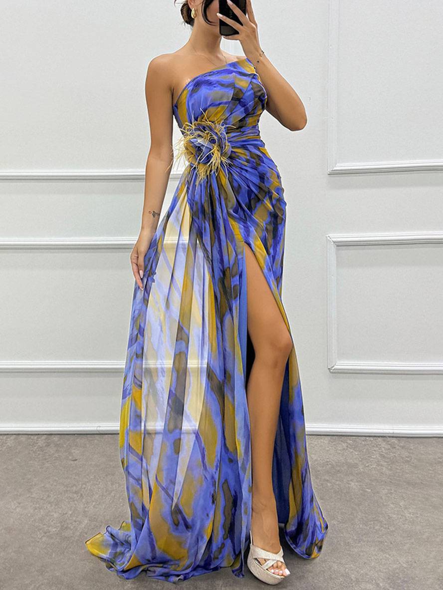 WW | Lange Kleid mit Blumenmuster aus Chiffon Seitlicher Schlitz Ein Schulterfrei Ohne Ärmel Elegante Abendkleid Damen