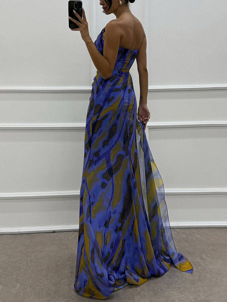 WW | Lange Kleid mit Blumenmuster aus Chiffon Seitlicher Schlitz Ein Schulterfrei Ohne Ärmel Elegante Abendkleid Damen