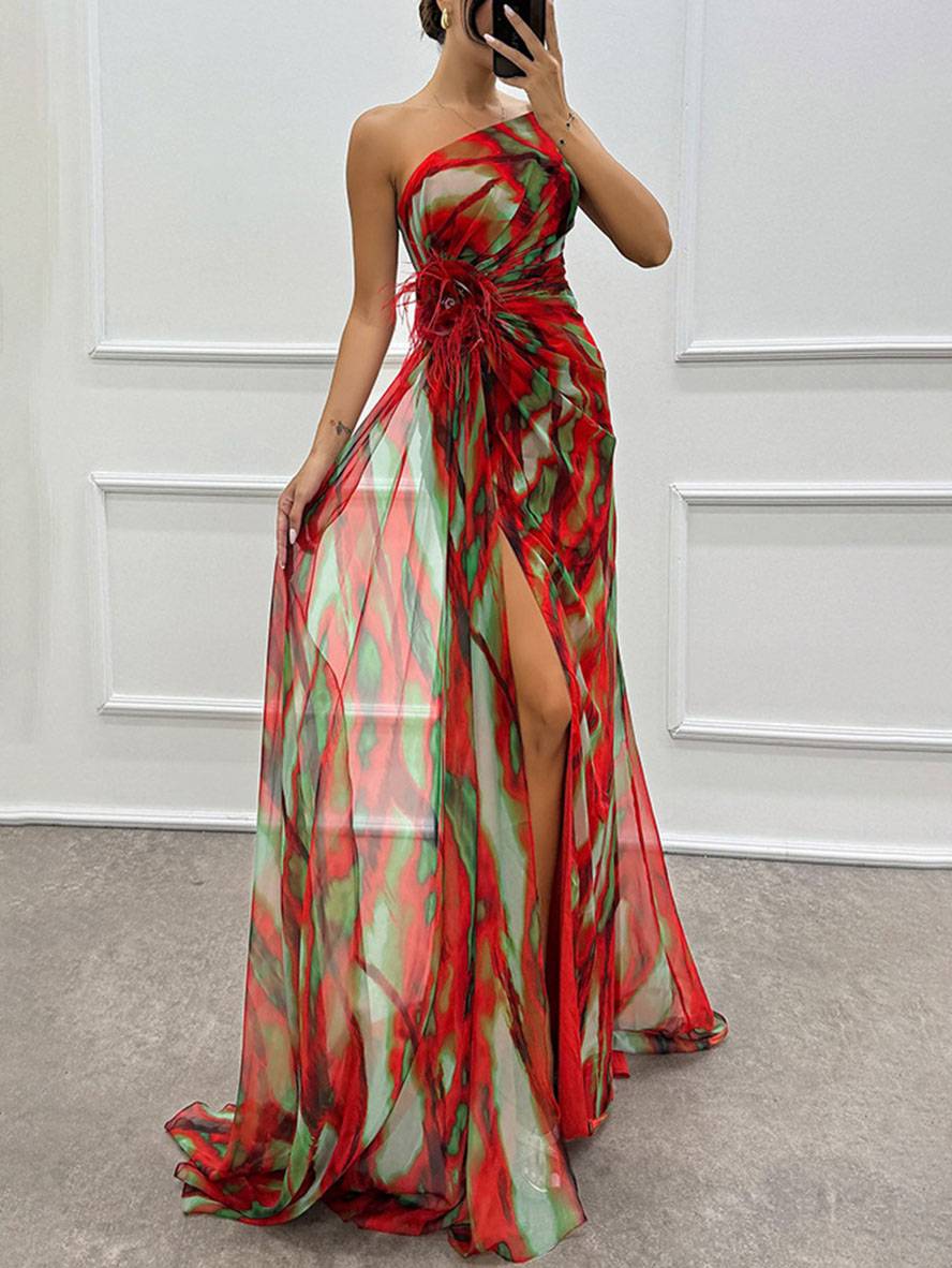 WW | Lange Kleid mit Blumenmuster aus Chiffon Seitlicher Schlitz Ein Schulterfrei Ohne Ärmel Elegante Abendkleid Damen