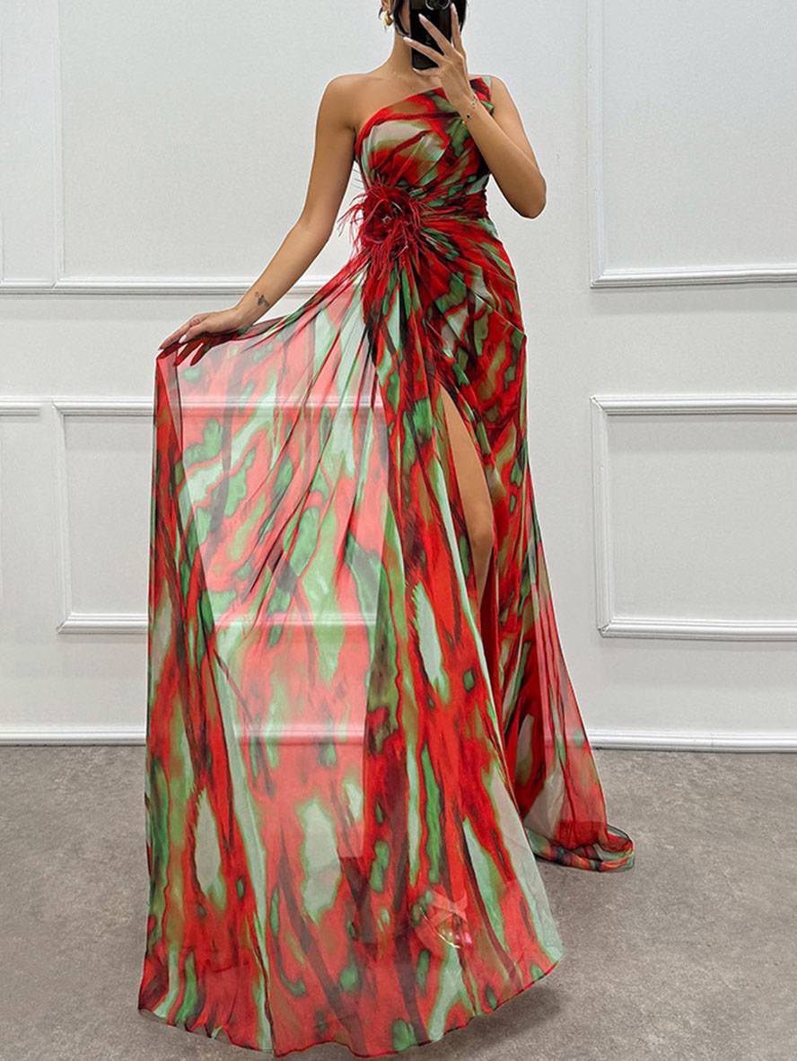 WW | Lange Kleid mit Blumenmuster aus Chiffon Seitlicher Schlitz Ein Schulterfrei Ohne Ärmel Elegante Abendkleid Damen