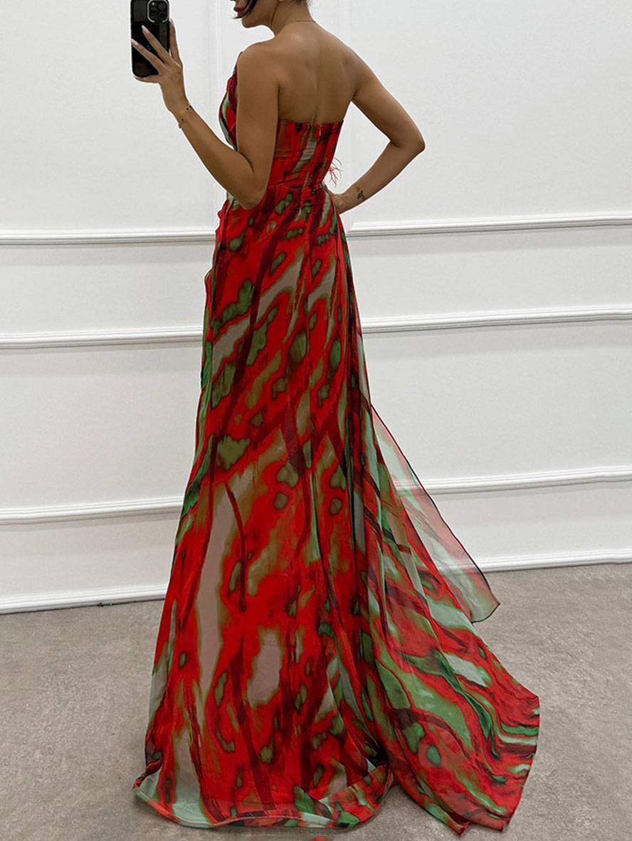 WW | Lange Kleid mit Blumenmuster aus Chiffon Seitlicher Schlitz Ein Schulterfrei Ohne Ärmel Elegante Abendkleid Damen