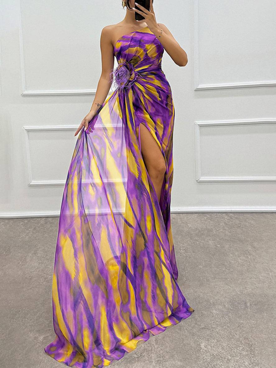 WW | Lange Kleid mit Blumenmuster aus Chiffon Seitlicher Schlitz Ein Schulterfrei Ohne Ärmel Elegante Abendkleid Damen