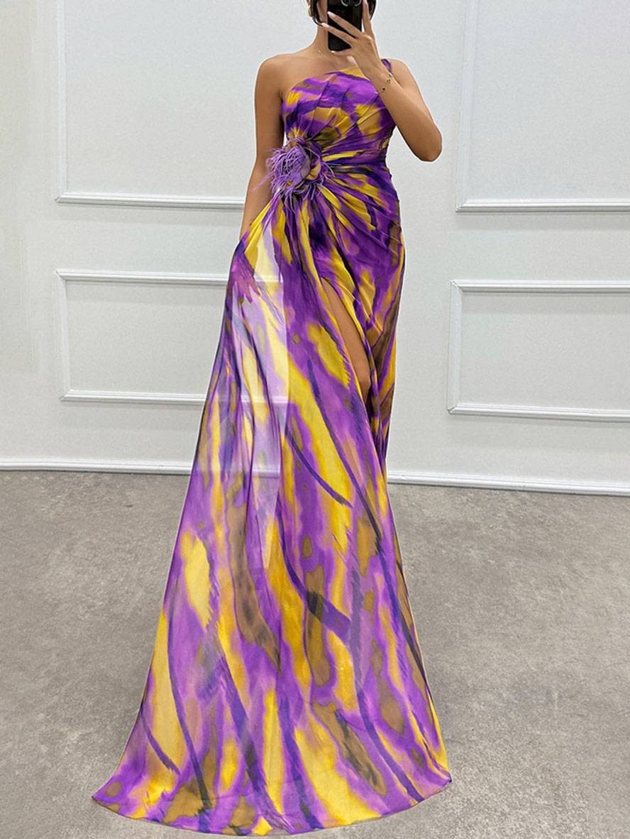 WW | Lange Kleid mit Blumenmuster aus Chiffon Seitlicher Schlitz Ein Schulterfrei Ohne Ärmel Elegante Abendkleid Damen
