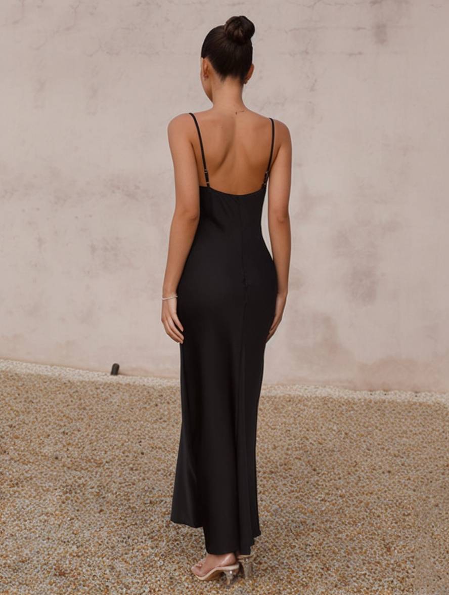 WW | Kleid Brautjungfer Satin Enganliegend Rückenfrei mit Feinen Trägern Elegante Damen Abendgesellschaft Hochzeitsgast