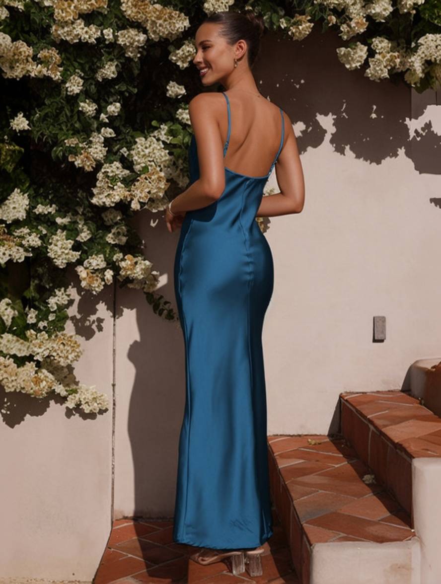 WW | Kleid Brautjungfer Satin Enganliegend Rückenfrei mit Feinen Trägern Elegante Damen Abendgesellschaft Hochzeitsgast
