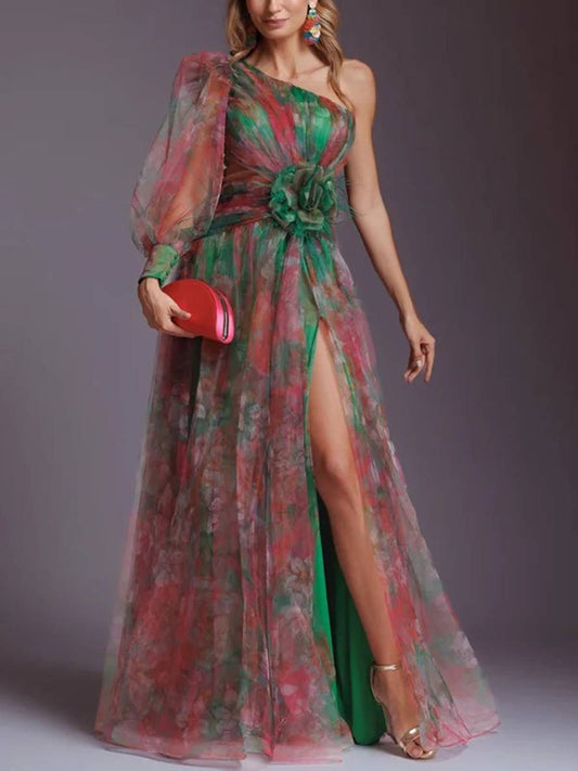 WW | Long Floral Patterned Chiffon Tulle Dress Cut Out at the Side One Shoulder Women Elegant Casual Evening