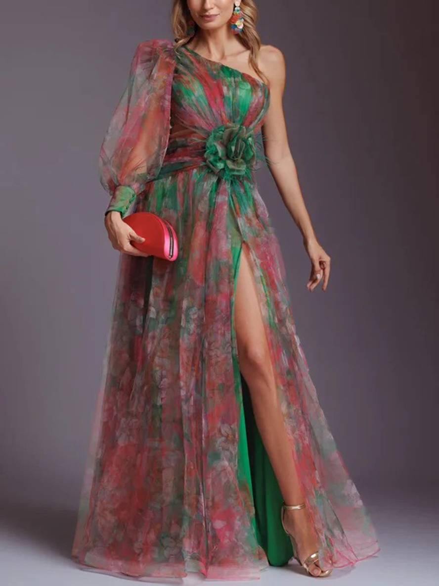 WW | Lange Kleid Gemustert mit Blumen Chiffon Tüll Geschnitten An Der Seite Eine Schulter Frauen Elegant Lässig Von Abend