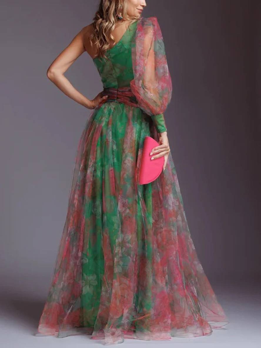 WW | Lange Kleid Gemustert mit Blumen Chiffon Tüll Geschnitten An Der Seite Eine Schulter Frauen Elegant Lässig Von Abend