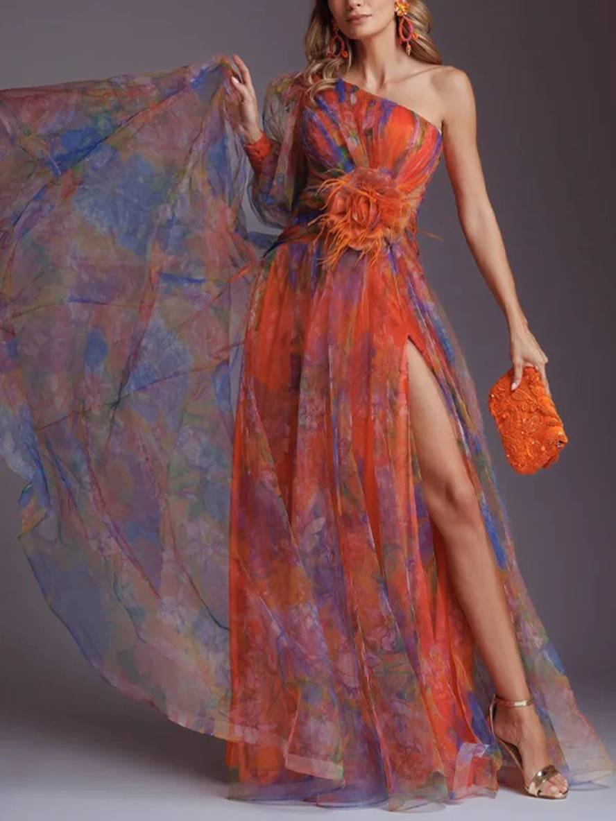 WW | Lange Kleid Gemustert mit Blumen Chiffon Tüll Geschnitten An Der Seite Eine Schulter Frauen Elegant Lässig Von Abend